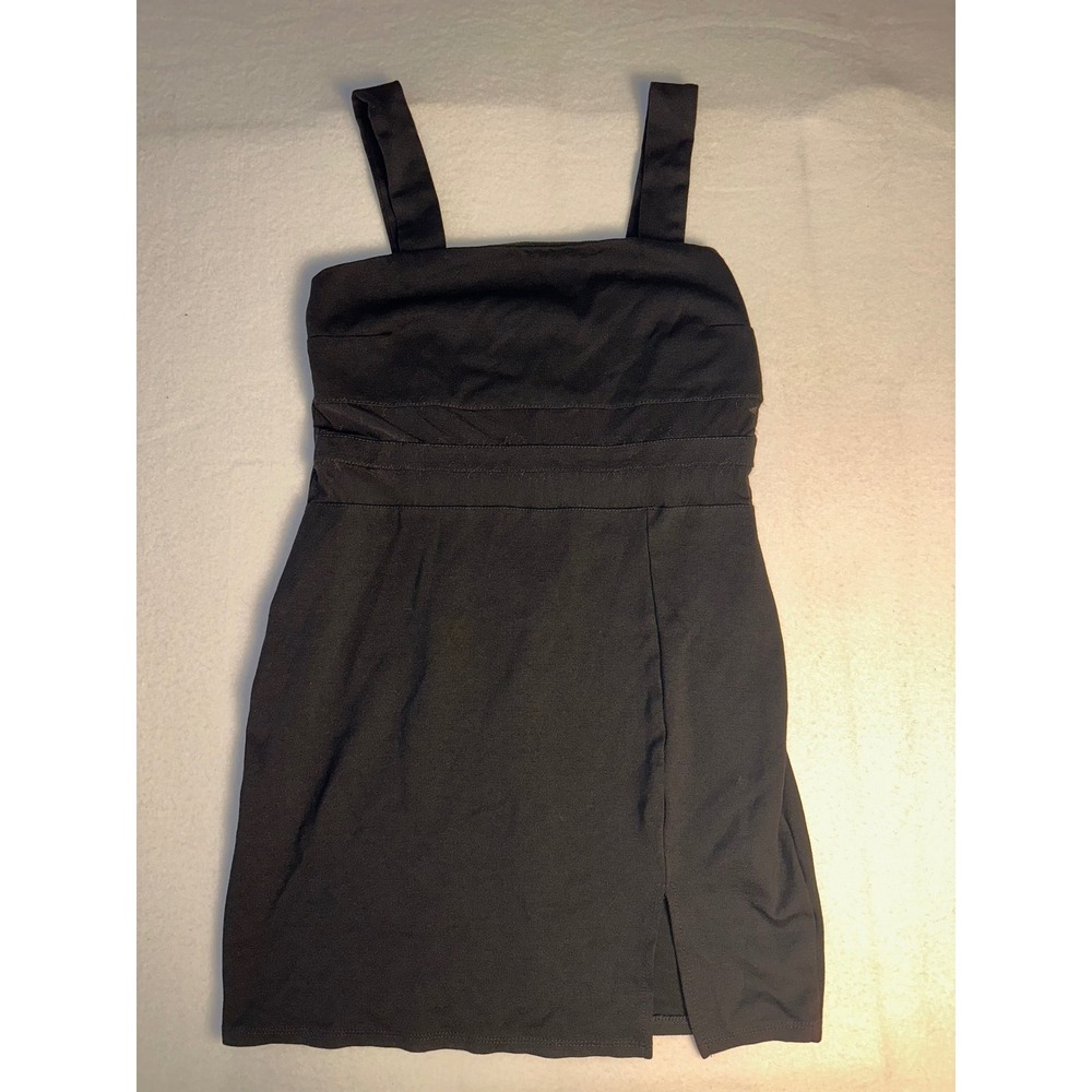 Fashion Nova Black Mini Dress Square Neck Bodycon Side Slit Large L